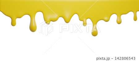Yellow ice cream melt with glossy drips and smooth texture for dessert designs or summer graphics. Liquid flows down in curved streams for advertisements on Transparent background. 3d render 142806543
