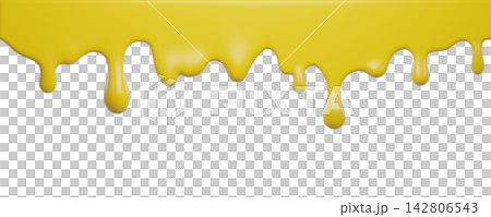 Yellow ice cream melt with glossy drips and smooth texture for dessert designs or summer graphics. Liquid flows down in curved streams for advertisements on Transparent background. 3d render 142806543