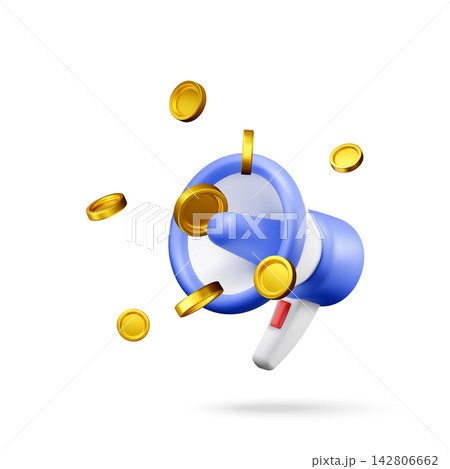 3d megaphone with golden coins flying 3d megaphone with golden coins flying 142806662