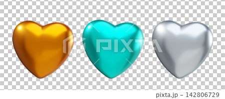 Set of Romantic 3d Heart. Gold, Teal, Silver hearts. Valentines day and romantic symbol on transparent background. Love concept. 3d rendering	 142806729