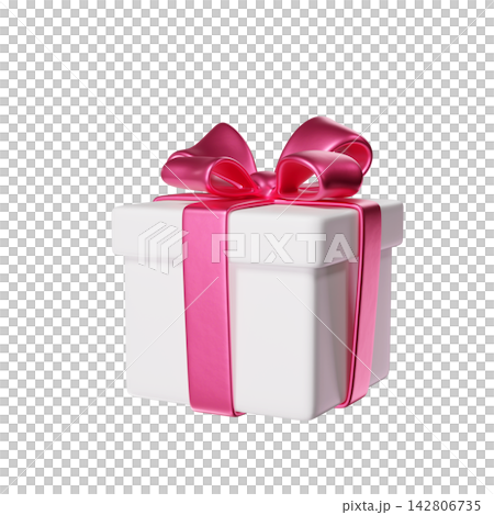 3D White Gift Box with a Pink Ribbon and Bow for Holiday, Birthday, Weddings, St. Valentine's Day or Christmas. Ideal for greeting cards and promotional materials. 3D rendering 3D White Gift Box with a Pink Ribbon and Bow for Holiday, Birthday, Weddings, St. Valentine's Day or Christmas. Ideal for greeting cards and promotional materials. 3D rendering 142806735