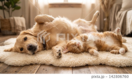 Heartwarming studio shot of a dog and cat lying side by side on their backs in harmony. Heartwarming studio shot of a dog and cat lying side by side on their backs in harmony. 142806760