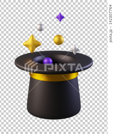 3d Black Magic Hat with Golden Ribbon and Floating Stars and Orbs. Wizard Cylinder Hat icon for magician, show, circus, Halloween. Costume for man isolated on a transparent background 142807764