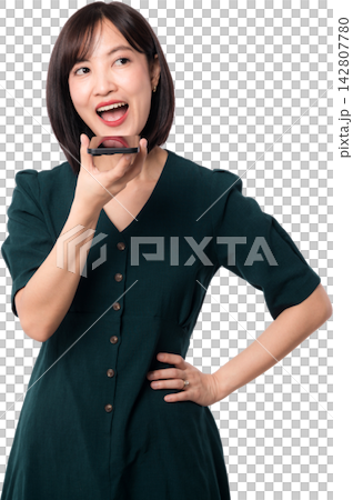 Happy excited asian woman speaks to smartphone artificial intelligence chatbot using voice command technology isolated against plain background for modern digital lifestyle concept Happy excited asian woman speaks to smartphone artificial intelligence chatbot using voice command technology isolated against plain background for modern digital lifestyle concept 142807780