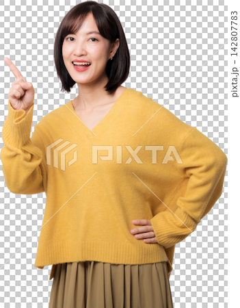 Happy asian woman pointing finger up while recommending artificial intelligence chatbot concept isolated on transparency background with copy space for text advertising Happy asian woman pointing finger up while recommending artificial intelligence chatbot concept isolated on transparency background with copy space for text advertising 142807783