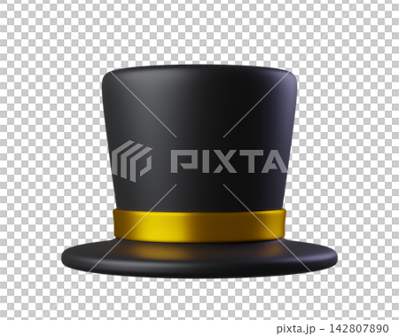 Black Magician Hat with Golden Ribbon. Wizards Cylinder Hat for magicians and artists. 3D Icon clothing accessories isolated on a transparent background Black Magician Hat with Golden Ribbon. Wizards Cylinder Hat for magicians and artists. 3D Icon clothing accessories isolated on a transparent background 142807890