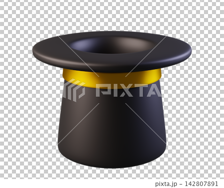 Black Magician Hat with Golden Ribbon. Wizards Cylinder Hat for magicians and artists. 3D Icon clothing accessories isolated on a transparent background 142807891
