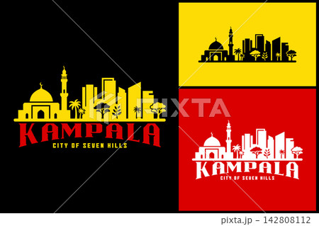 Kampala city skyline vector art featuring mosque dome minaret and modern buildings for travel branding and tourism marketing. 142808112