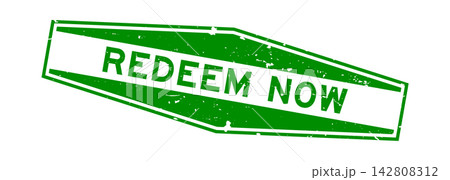 Grunge green redeem now word hexagon rubber seal stamp on white background 142808312