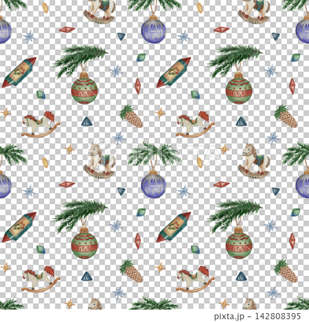 Watercolor Christmas Seamless Pattern with Isolated Holiday Elements 142808395