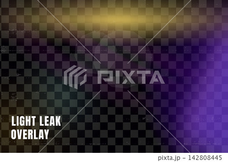 Purple light leak with yellow glow. Violet haze frames polygonal bokeh with visible speck and striped grain. Radiance forms a vector overlay for photo color wash effect or movie compositing gradation 142808445