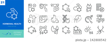 Hormonal Health Vector Line Icon Set with Menopause, Menstrual Cycle, Thyroid, Fertility, IVF, Contraception, Metabolism and Hormone Balance. 142808542