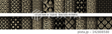 Geometric floral set of seamless patterns. Golden and black vector backgrounds. Damask graphic ornaments 142808580