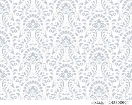 Floral pattern. Seamless vector background. Vintage wallpaper in the Baroque style. White and gray ornament for fabric, wallpaper, packaging. Ornate Damask flower illustration 142808604