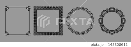 Set of decorative frames Elegant vector element for design in Eastern style, place for text. Floral black and gray frames. Lace illustration for invitations and greeting cards Set of decorative frames Elegant vector element for design in Eastern style, place for text. Floral black and gray frames. Lace illustration for invitations and greeting cards 142808611