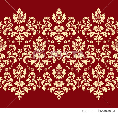 Wallpaper in the style of Baroque. Golden and red floral ornament. Seamless vector background. Graphic pattern for fabric, wallpaper, packaging. Ornate Damask flower illustration 142808618