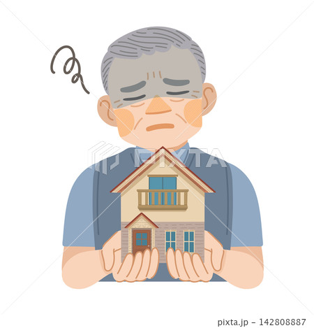一戸建てを所有したことを後悔している、高齢男性のイラスト 一戸建てを所有したことを後悔している、高齢男性のイラスト 142808887
