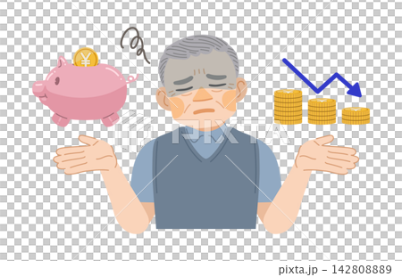 An illustration of an elderly man whose savings have decreased. An illustration of an elderly man whose savings have decreased. 142808889