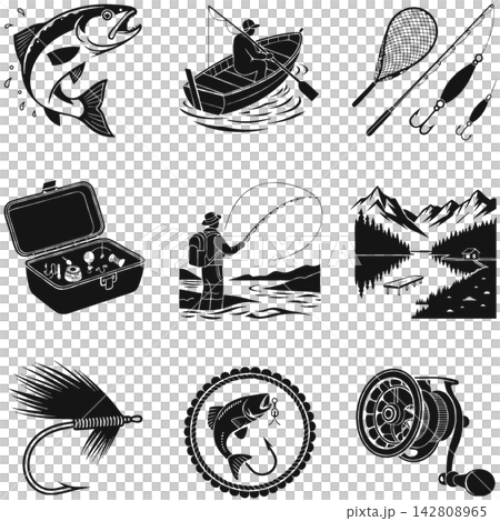 This is a set of black-and-white vector icons themed around various aspects of fishing and the fishing industry This is a set of black-and-white vector icons themed around various aspects of fishing and the fishing industry 142808965