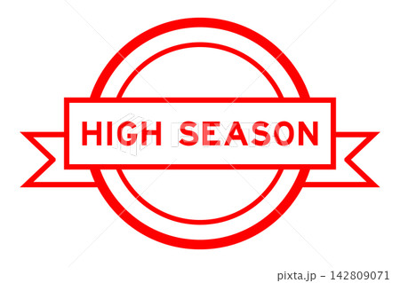 Vintage red color round label banner with word high season on white background 142809071