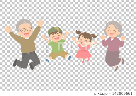 ジャンプする元気な老夫婦　孫 142809661