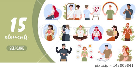 Self care wellness people illustration flat cartoon vector set Self care wellness people illustration flat cartoon vector set 142809841