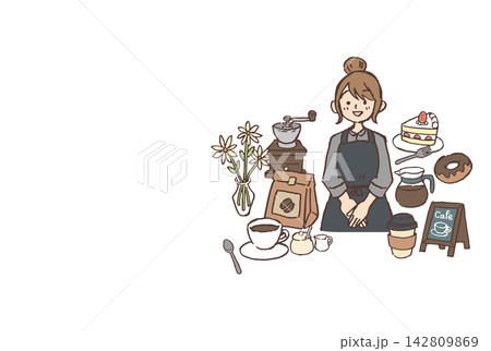 女性カフェ店員とコーヒー・スイーツを配置した手描きイラスト｜バリスタ メニュー カップ コーヒーミル 142809869