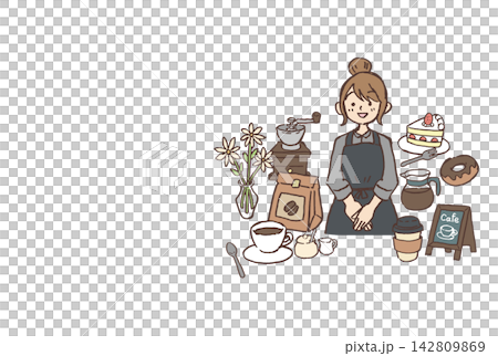 女性カフェ店員とコーヒー・スイーツを配置した手描きイラスト｜バリスタ メニュー カップ コーヒーミル 142809869