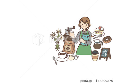 女性カフェ店員とコーヒー・スイーツを配置した手描きイラスト｜バリスタ メニュー カップ コーヒーミル 142809870