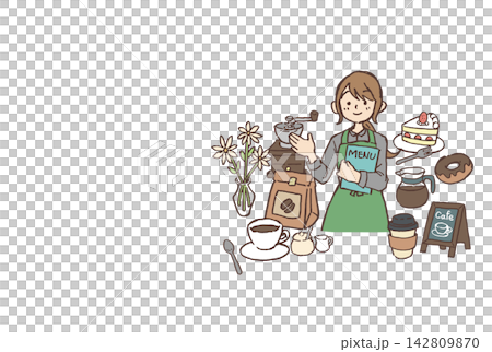 女性カフェ店員とコーヒー・スイーツを配置した手描きイラスト｜バリスタ メニュー カップ コーヒーミル 142809870