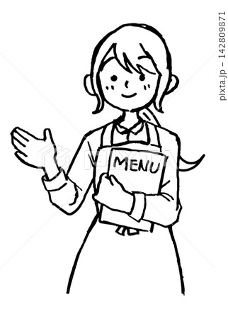 メニューを持って案内する女性カフェ店員の手描き線画イラスト｜エプロン 女性 店員 接客 142809871