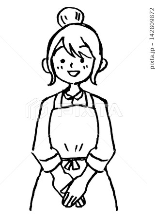 笑顔で丁寧に挨拶する女性カフェ店員の手描き線画イラスト|エプロン 女性 店員 接客 笑顔で丁寧に挨拶する女性カフェ店員の手描き線画イラスト|エプロン 女性 店員 接客 142809872