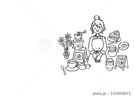 カフェ店員とコーヒー・スイーツの手描き線画|女性 ケーキ カップ ミル 花 カフェ店員とコーヒー・スイーツの手描き線画|女性 ケーキ カップ ミル 花 142809873