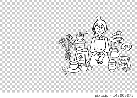 手繪線條畫，描繪了一位咖啡館員工、咖啡和甜點 | 女人、蛋糕、杯子、磨坊、花朵 142809873