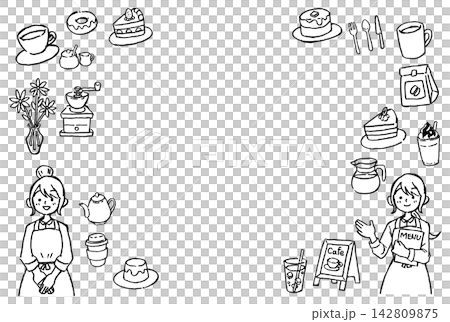 咖啡館員工與咖啡/甜點的線條畫 | 女人、蛋糕、杯子、菜單 咖啡館員工與咖啡/甜點的線條畫 | 女人、蛋糕、杯子、菜單 142809875