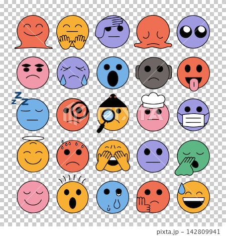 This image features a collection of colorful cartoon faces and emotion icons depicting various facial expressions 142809941
