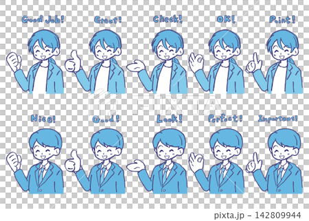 A hand-drawn set of smiling men and women's hand signs and gestures: thumbs up, OK, pointing finger, victory pose. 142809944