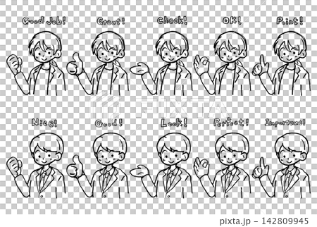 Hand-drawn line art set of male and female hand signs and gestures | Good, OK, Pointing, Victory, Businessman Hand-drawn line art set of male and female hand signs and gestures | Good, OK, Pointing, Victory, Businessman 142809945
