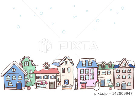 雪が降るカラフルなヨーロッパ風の冬の街並みの手描きイラスト|家 住宅 建物 雪だるま 街灯 雪景色 雪が降るカラフルなヨーロッパ風の冬の街並みの手描きイラスト|家 住宅 建物 雪だるま 街灯 雪景色 142809947