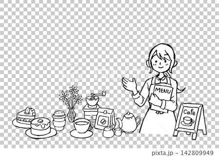 手繪線條畫,描繪了一位咖啡館員工、咖啡和甜點 | 女人、蛋糕、杯子、磨坊、花朵 手繪線條畫,描繪了一位咖啡館員工、咖啡和甜點 | 女人、蛋糕、杯子、磨坊、花朵 142809949