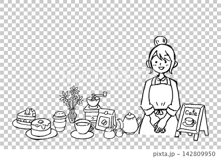 Hand-drawn line art of a cafe employee, coffee, and sweets | Woman, cake, cup, mill, flower Hand-drawn line art of a cafe employee, coffee, and sweets | Woman, cake, cup, mill, flower 142809950