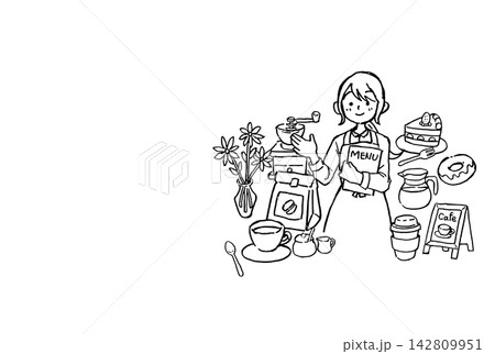 カフェ店員とコーヒー・スイーツの手描き線画|女性 ケーキ カップ ミル 花 カフェ店員とコーヒー・スイーツの手描き線画|女性 ケーキ カップ ミル 花 142809951