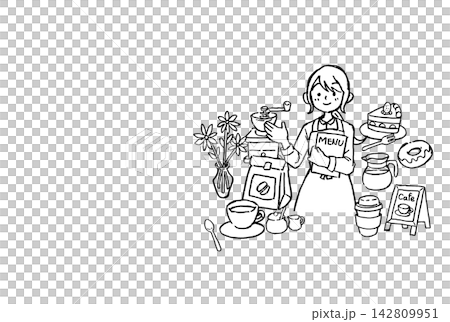 手繪線條畫,描繪了一位咖啡館員工、咖啡和甜點 | 女人、蛋糕、杯子、磨坊、花朵 手繪線條畫,描繪了一位咖啡館員工、咖啡和甜點 | 女人、蛋糕、杯子、磨坊、花朵 142809951