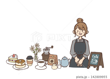 カフェ店員とコーヒー・スイーツの手描きイラスト｜女性 ケーキ カップ ミル 花 142809955