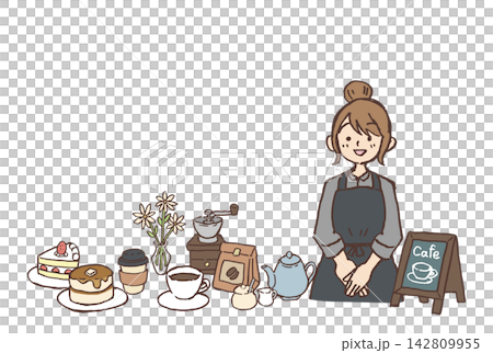 カフェ店員とコーヒー・スイーツの手描きイラスト｜女性 ケーキ カップ ミル 花 142809955