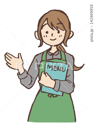 メニューを持って案内する女性カフェ店員の手描きイラスト|エプロン 女性 店員 接客 メニューを持って案内する女性カフェ店員の手描きイラスト|エプロン 女性 店員 接客 142809958