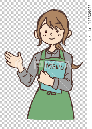 メニューを持って案内する女性カフェ店員の手描きイラスト|エプロン 女性 店員 接客 メニューを持って案内する女性カフェ店員の手描きイラスト|エプロン 女性 店員 接客 142809958