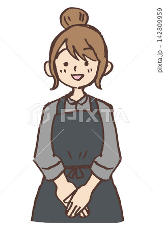笑顔で丁寧に挨拶する女性カフェ店員の手描きイラスト|エプロン 女性 店員 接客 笑顔で丁寧に挨拶する女性カフェ店員の手描きイラスト|エプロン 女性 店員 接客 142809959