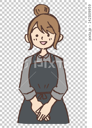笑顔で丁寧に挨拶する女性カフェ店員の手描きイラスト|エプロン 女性 店員 接客 笑顔で丁寧に挨拶する女性カフェ店員の手描きイラスト|エプロン 女性 店員 接客 142809959