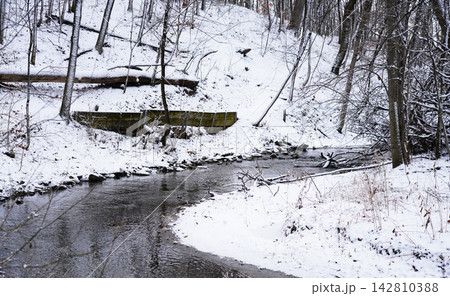 small wooden bridge over a river in winter small wooden bridge over a river in winter 142810388